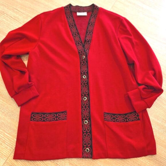 Vintage Alfred Dunner Women's Sweater Knit Cardigan Red & Black Jacket USA 12 - Picture 2 of 4